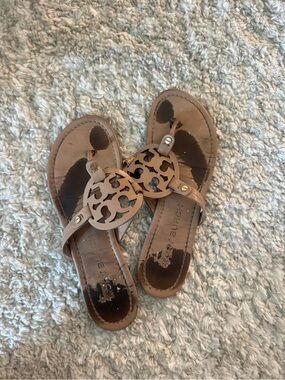 Tory Burch Tan Leather Miller Logo Thong Sandals